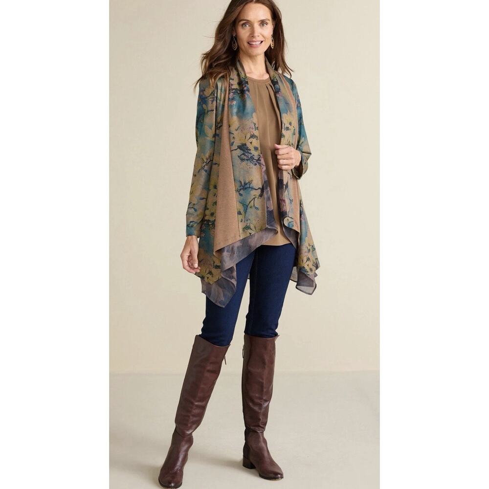 Soft Surroundings Cardigan Tea Gardens Topper Brown Bird Floral 2BZ08 XL cottage View 3